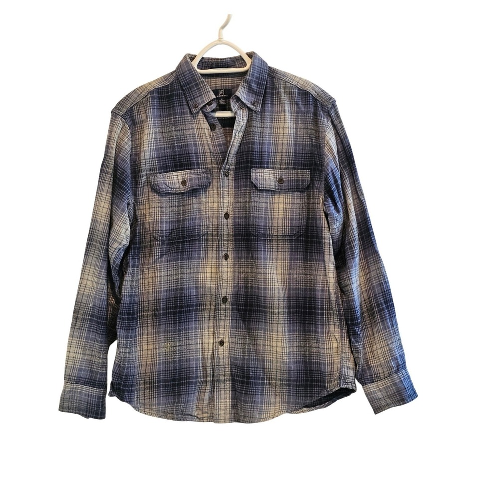 George Mens Plaid Flannel Long Sleeve Button Up‎ Shirt Blue Tan Size M